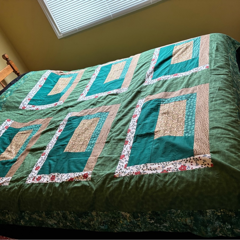 Elegant Green and Tan Patchwork Quilt Top